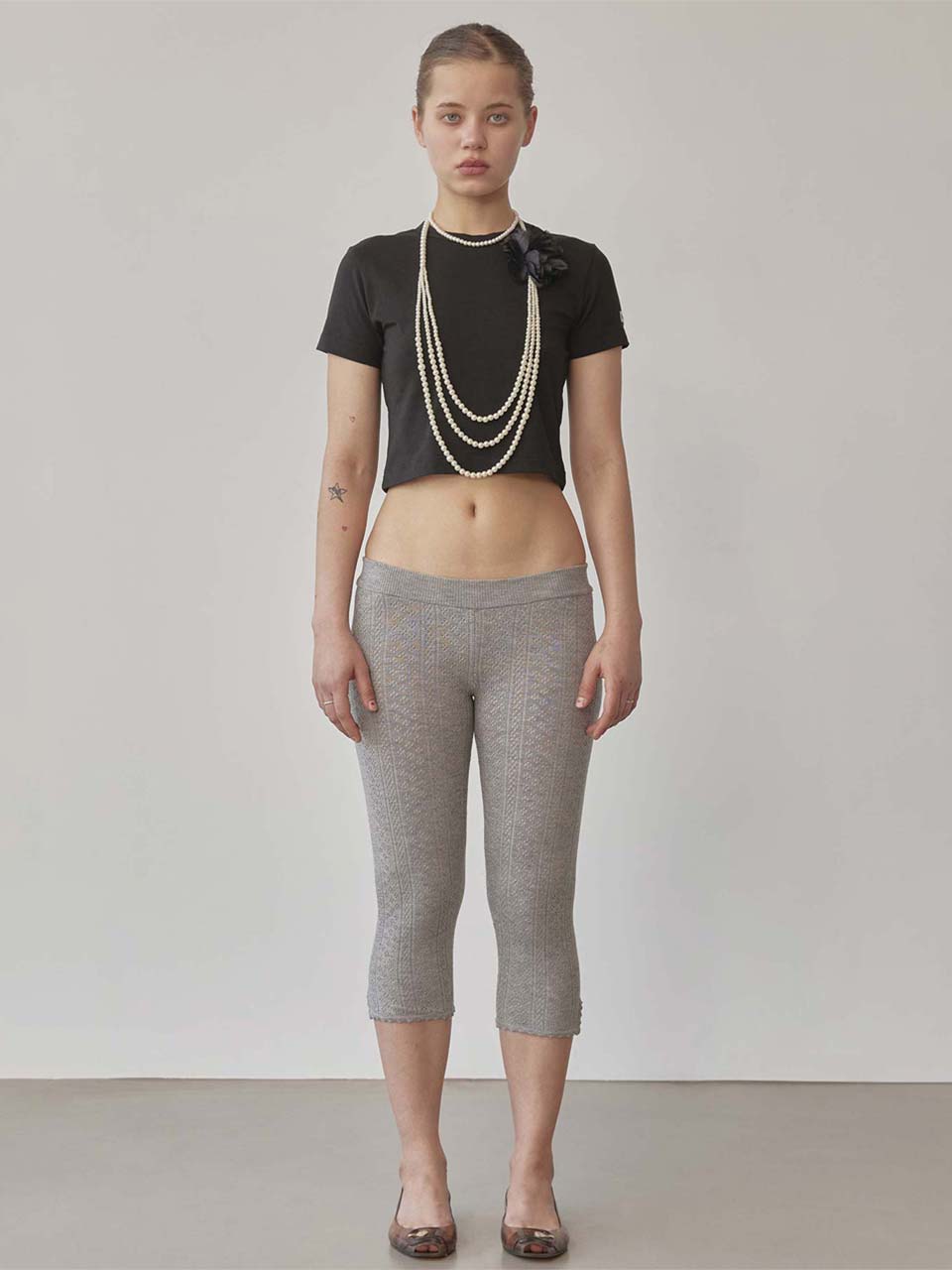 Eyelet Knit Capri Pants Melange Gray