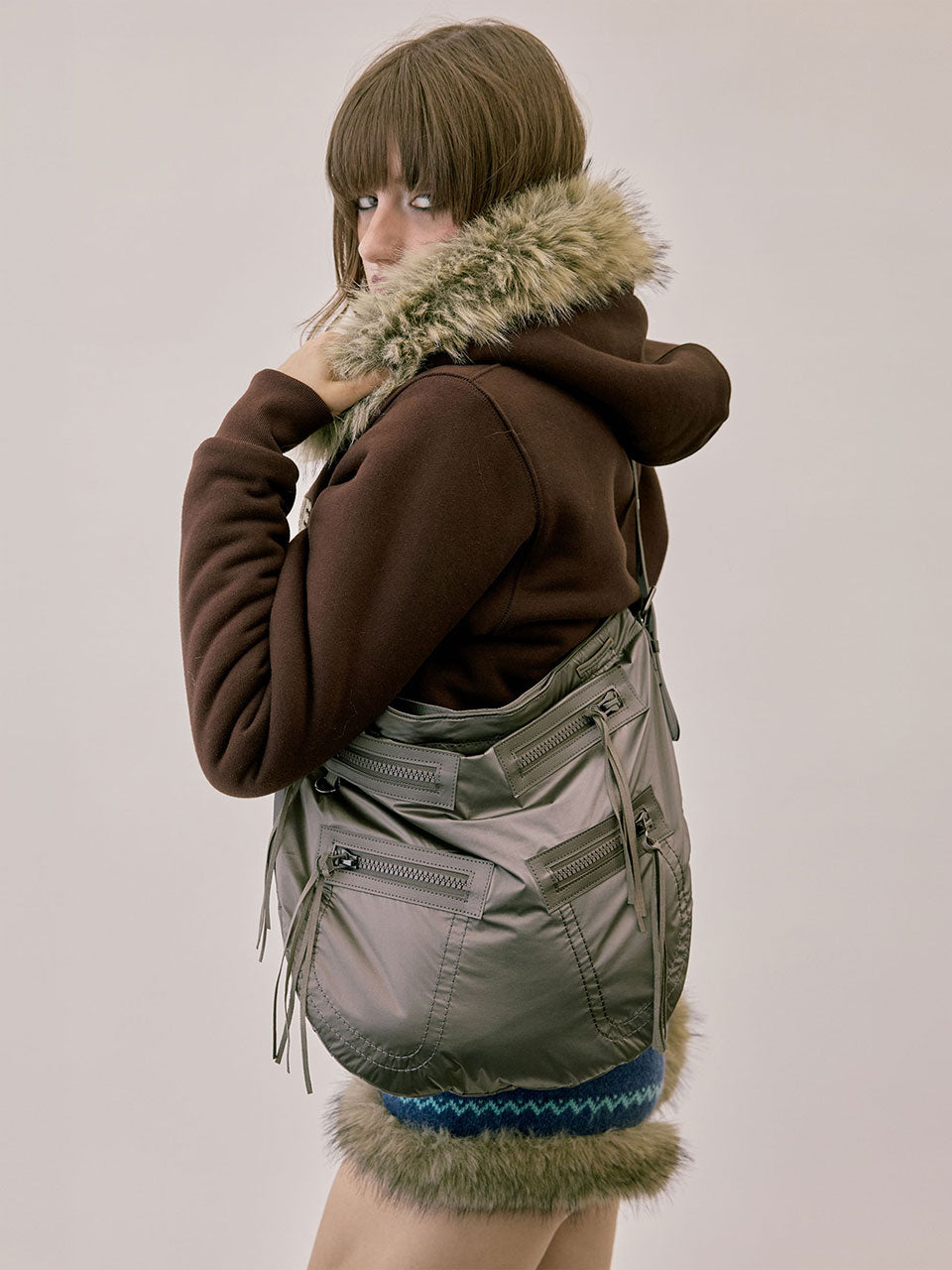 Applique Teddy Hooded Zip-Up Brown
