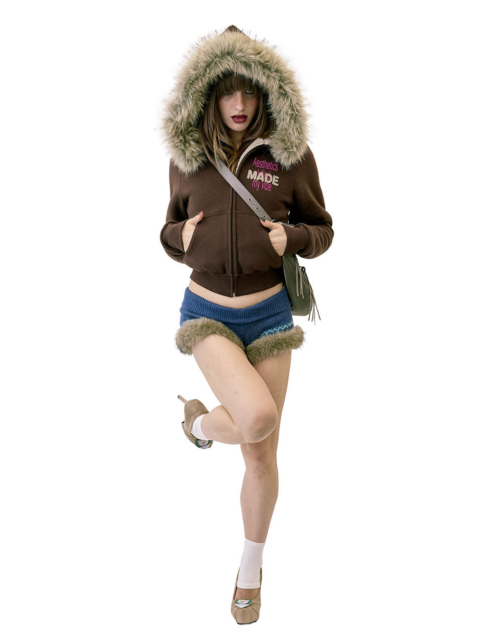 Applique Teddy Hooded Zip-Up Brown