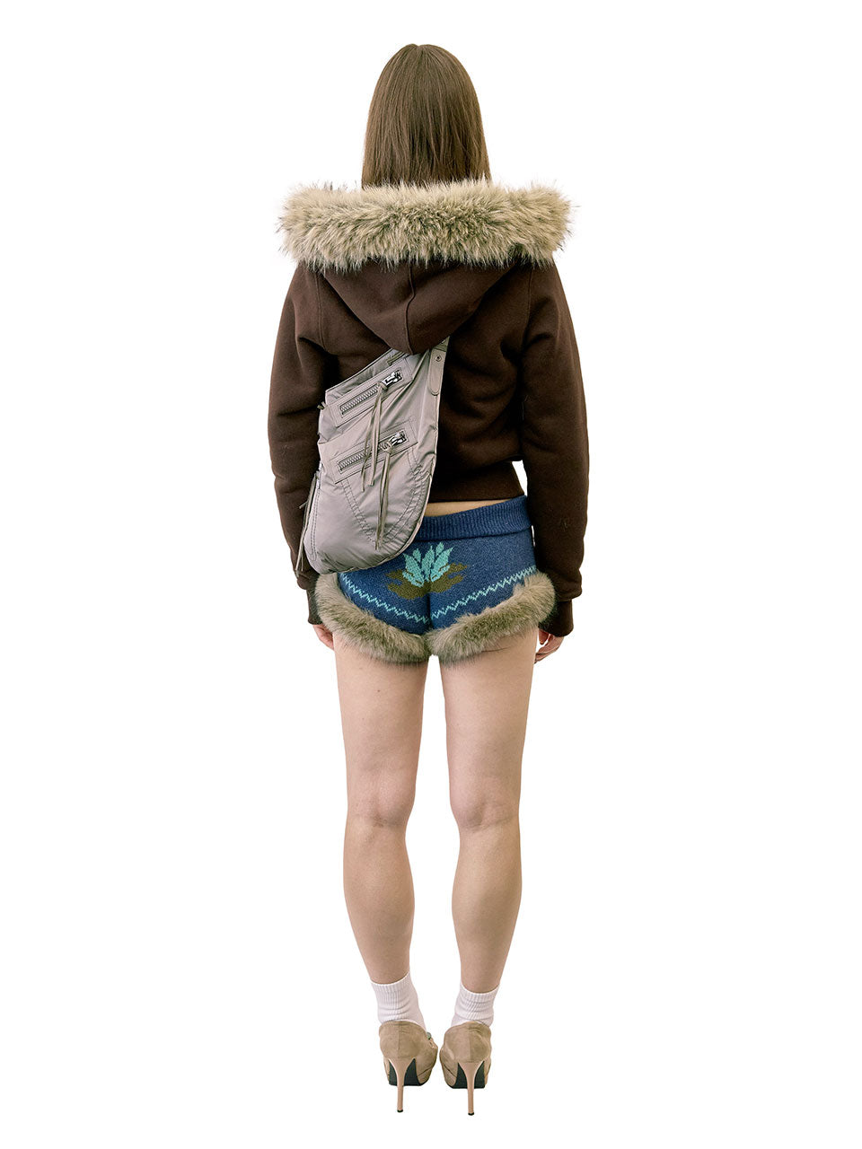 Applique Teddy Hooded Zip-Up Brown