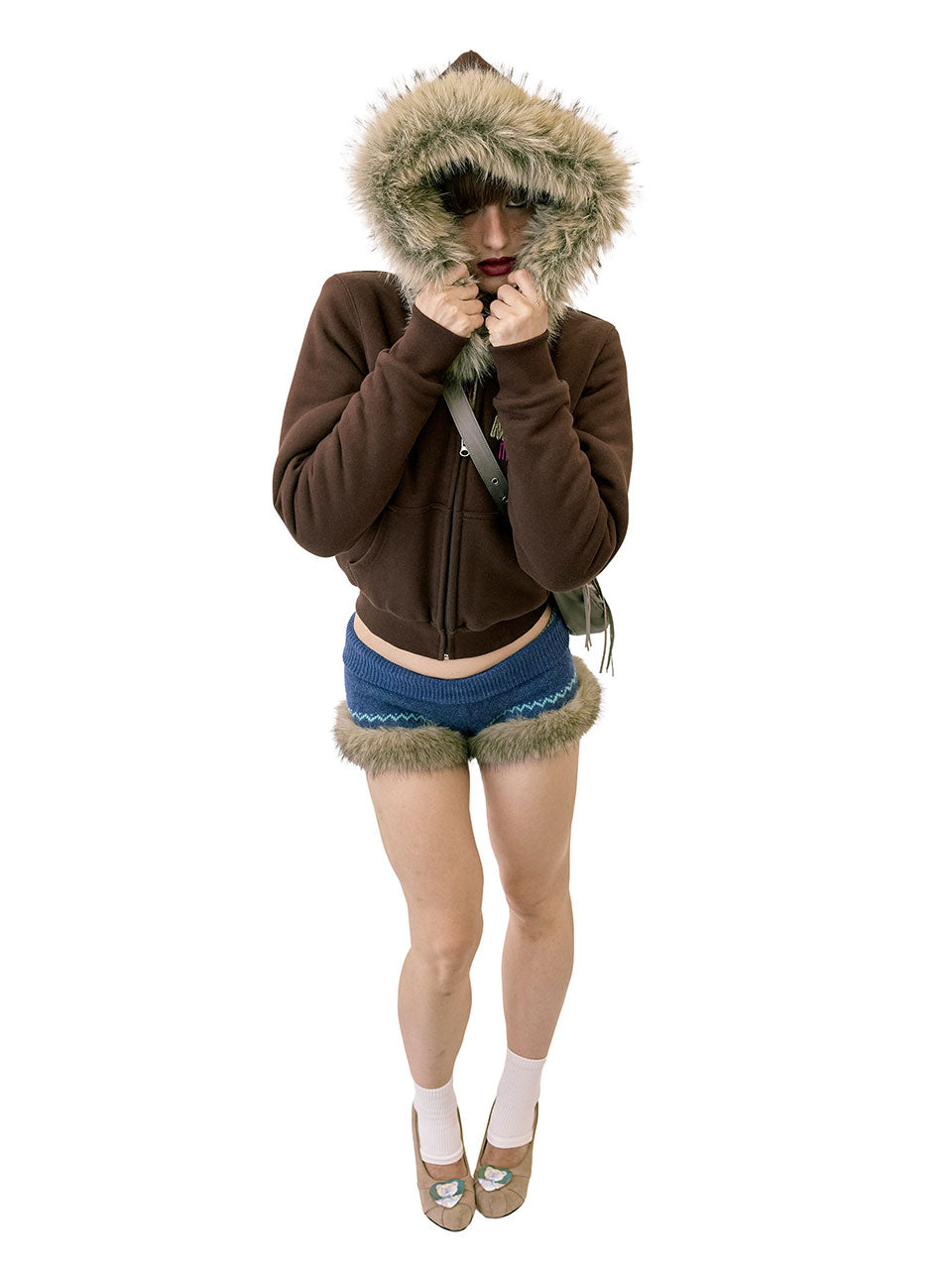 Applique Teddy Hooded Zip-Up Brown