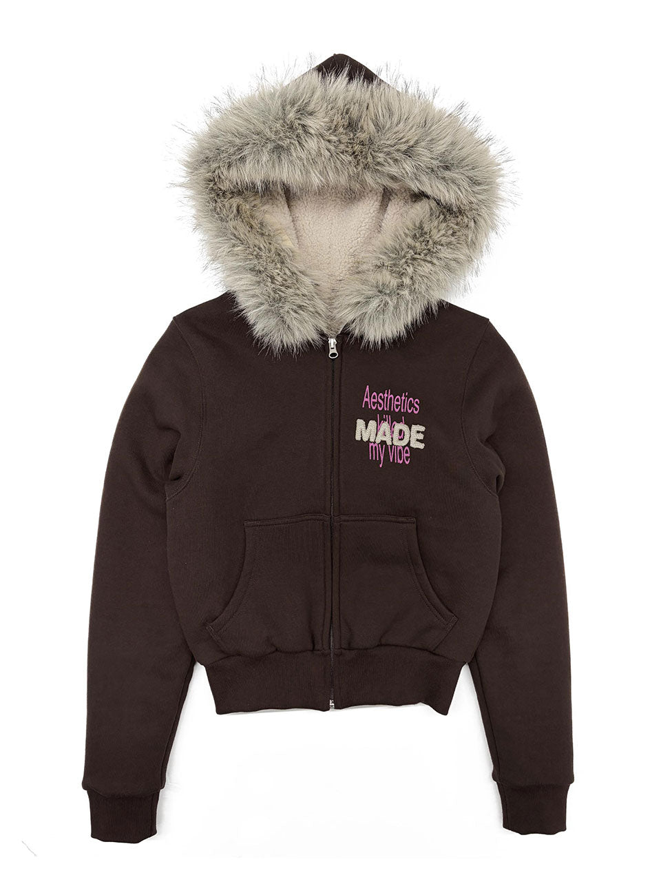 Applique Teddy Hooded Zip-Up Brown