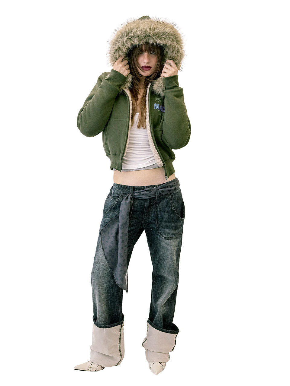 Applique Teddy Hooded Zip-Up Khaki