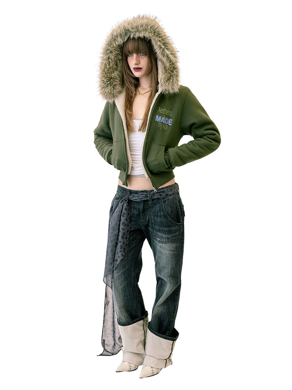 Applique Teddy Hooded Zip-Up Khaki