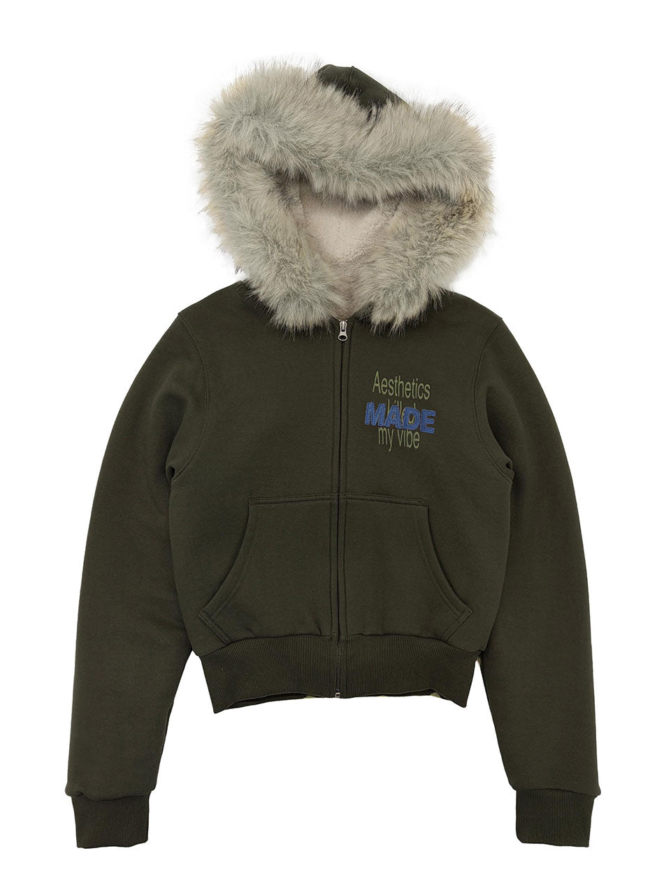 Applique Teddy Hooded Zip-Up Khaki