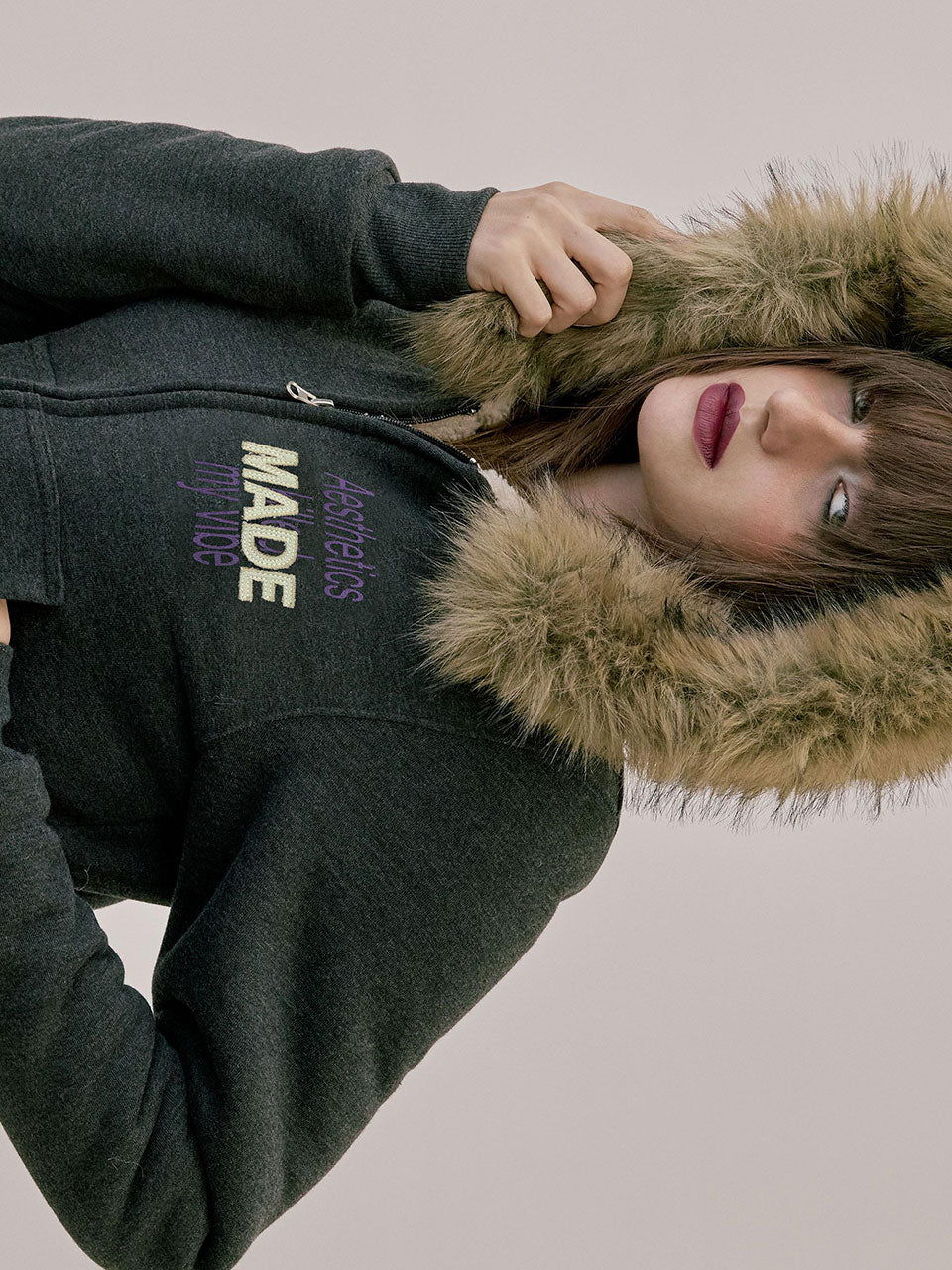 Applique Teddy Hooded Zip-Up Melange Charcoal