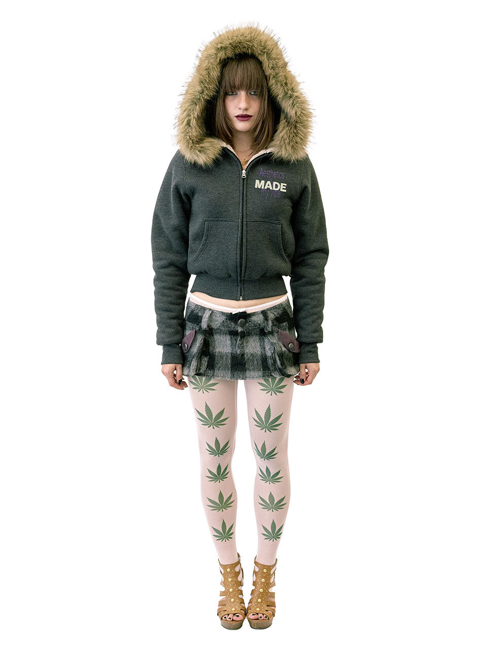 Applique Teddy Hooded Zip-Up Melange Charcoal