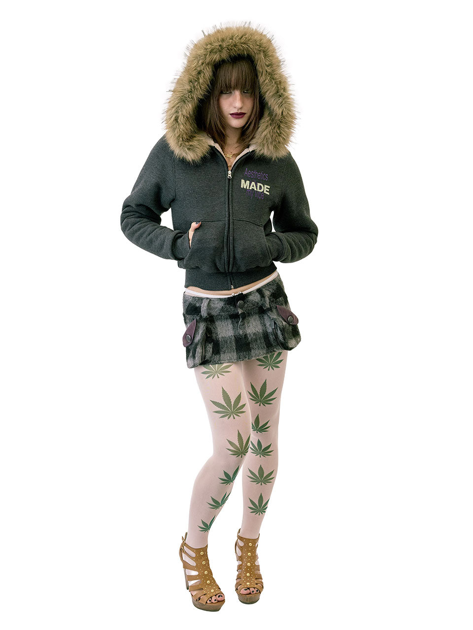 Applique Teddy Hooded Zip-Up Melange Charcoal