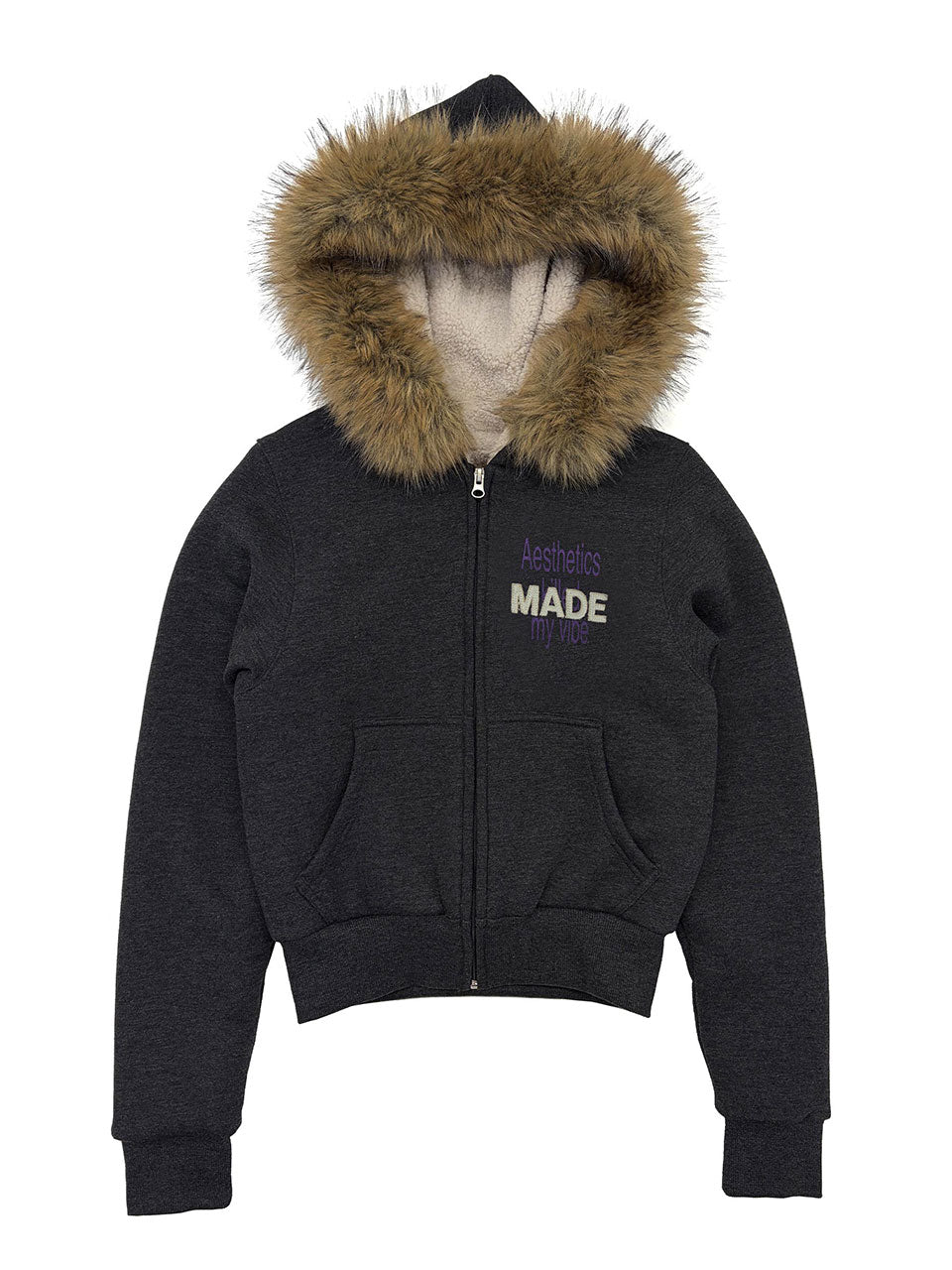 Applique Teddy Hooded Zip-Up Melange Charcoal
