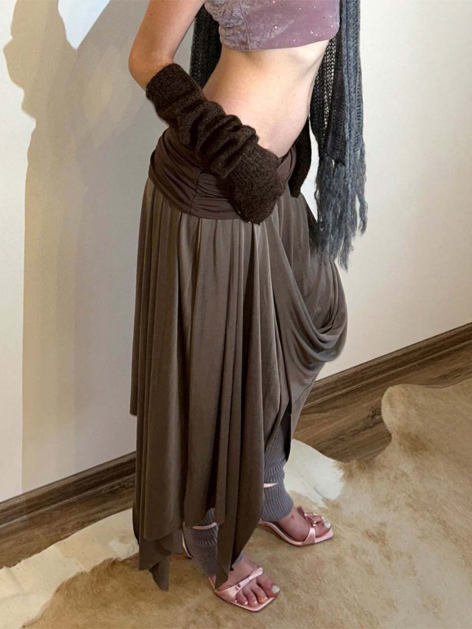 Draping Unbalance Skirt Ash Brown