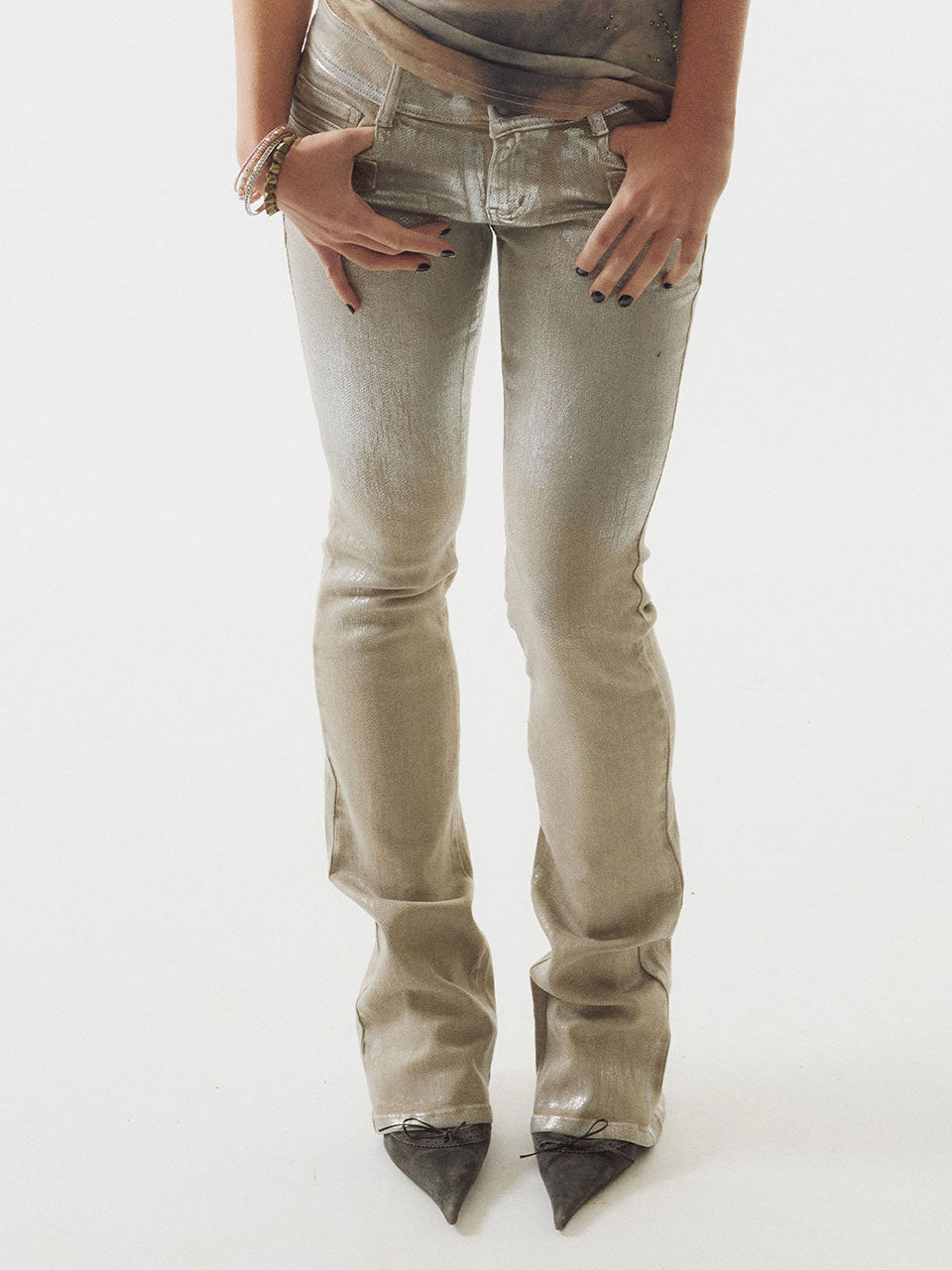 Metallic Bootcut Denim Beige/Silver