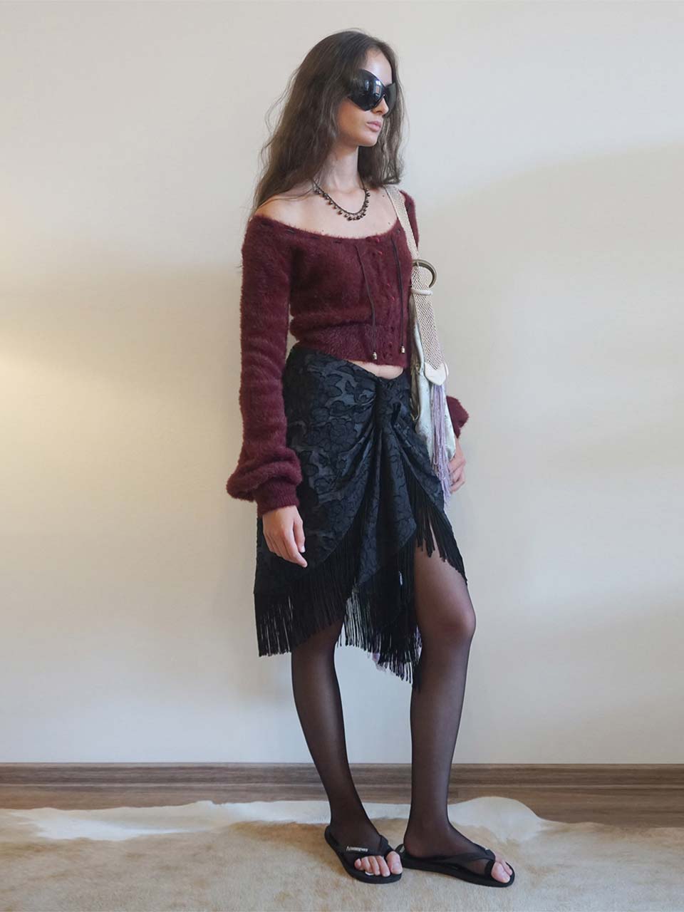 Fringe Tie Skirt Black/Ice Blue