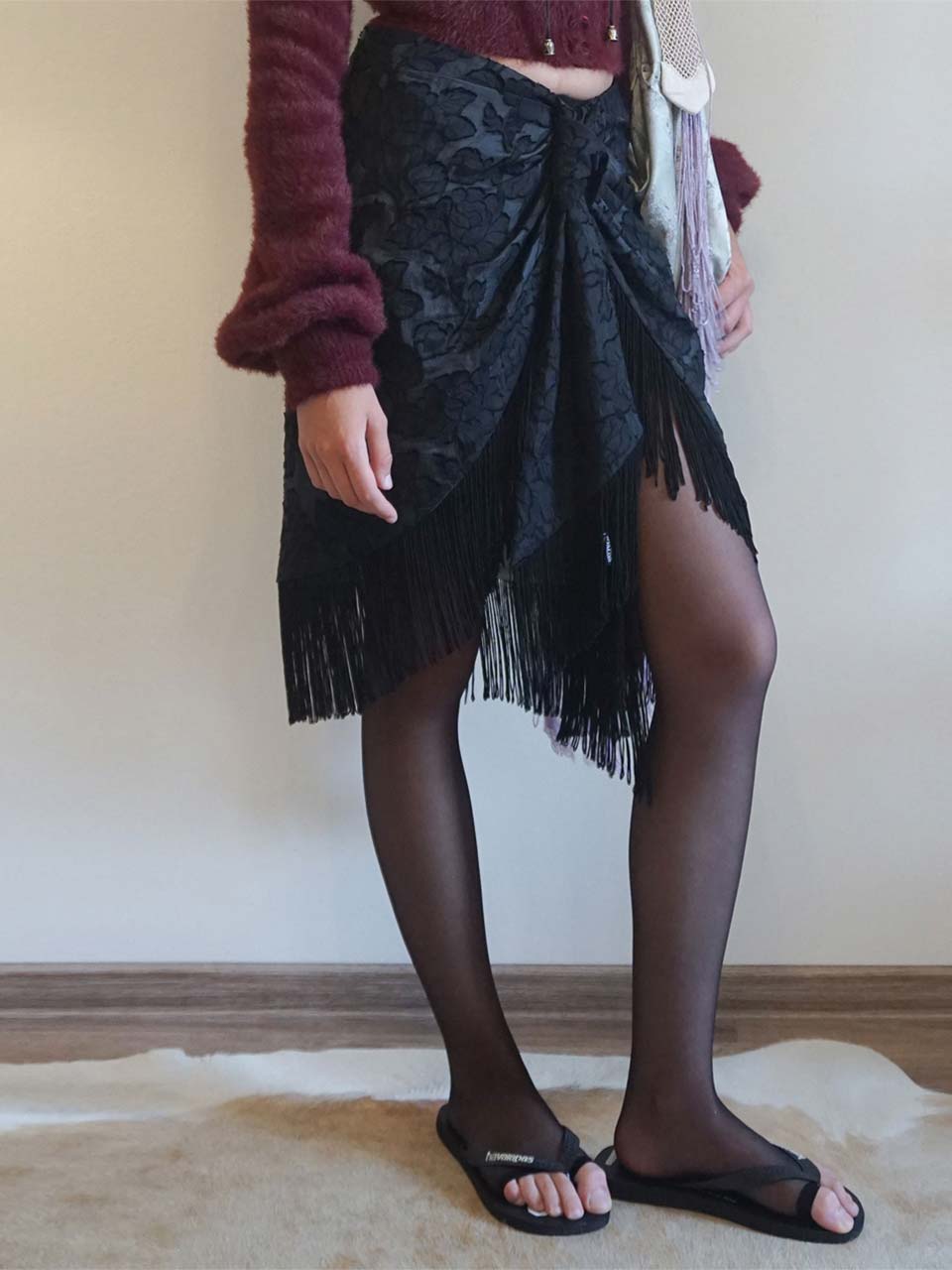 Fringe Tie Skirt Black/Ice Blue