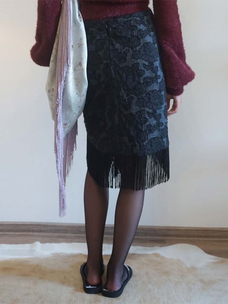 Fringe Tie Skirt Black/Ice Blue