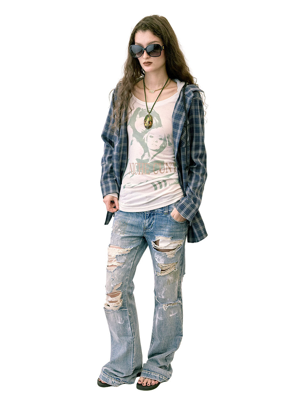 Boyfriend Hooded Shirts Navy Check