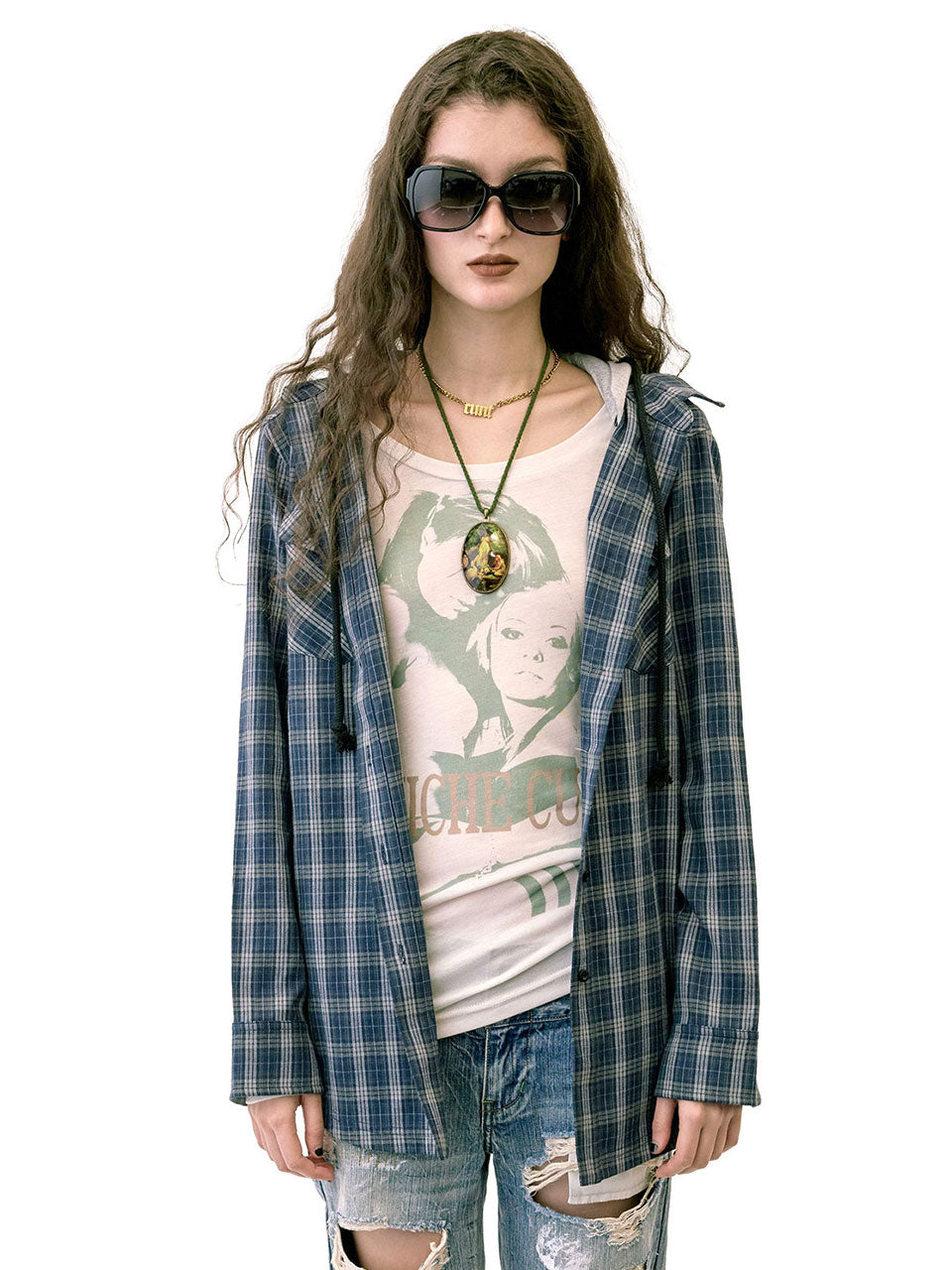 Boyfriend Hooded Shirts Navy Check