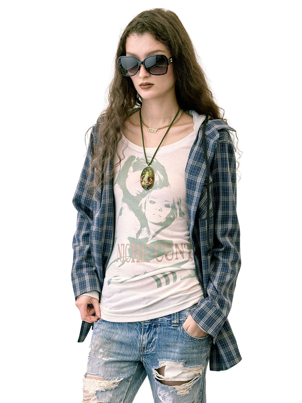 Boyfriend Hooded Shirts Navy Check