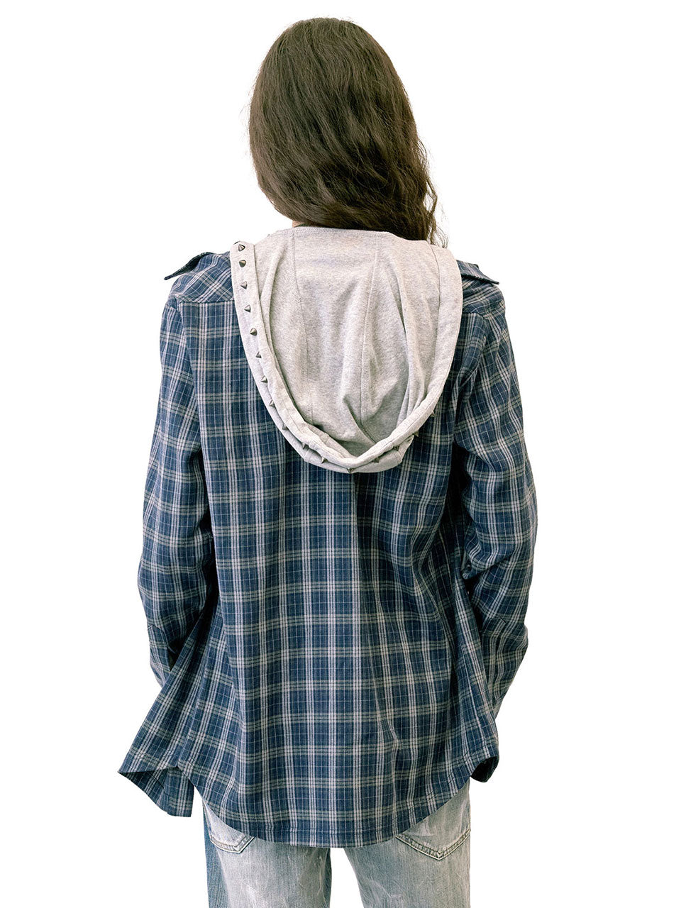Boyfriend Hooded Shirts Navy Check