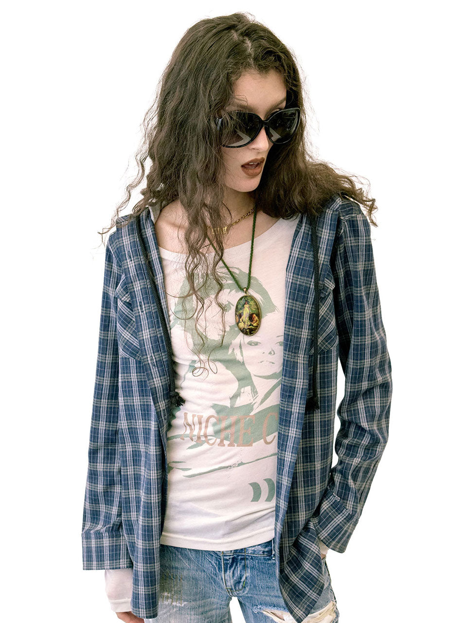 Boyfriend Hooded Shirts Navy Check