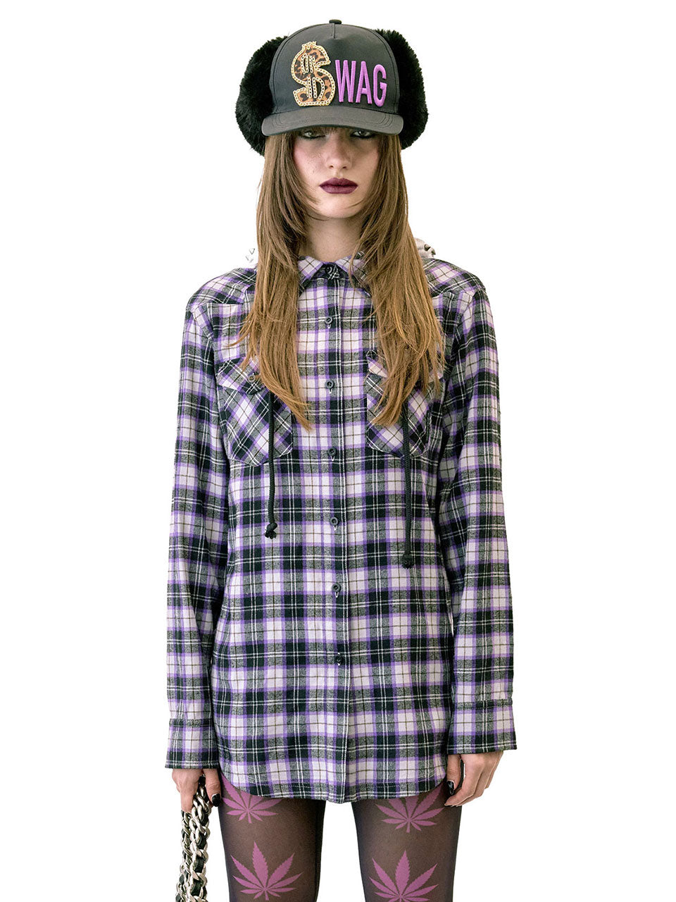 Boyfriend Hooded Shirts Purple Check