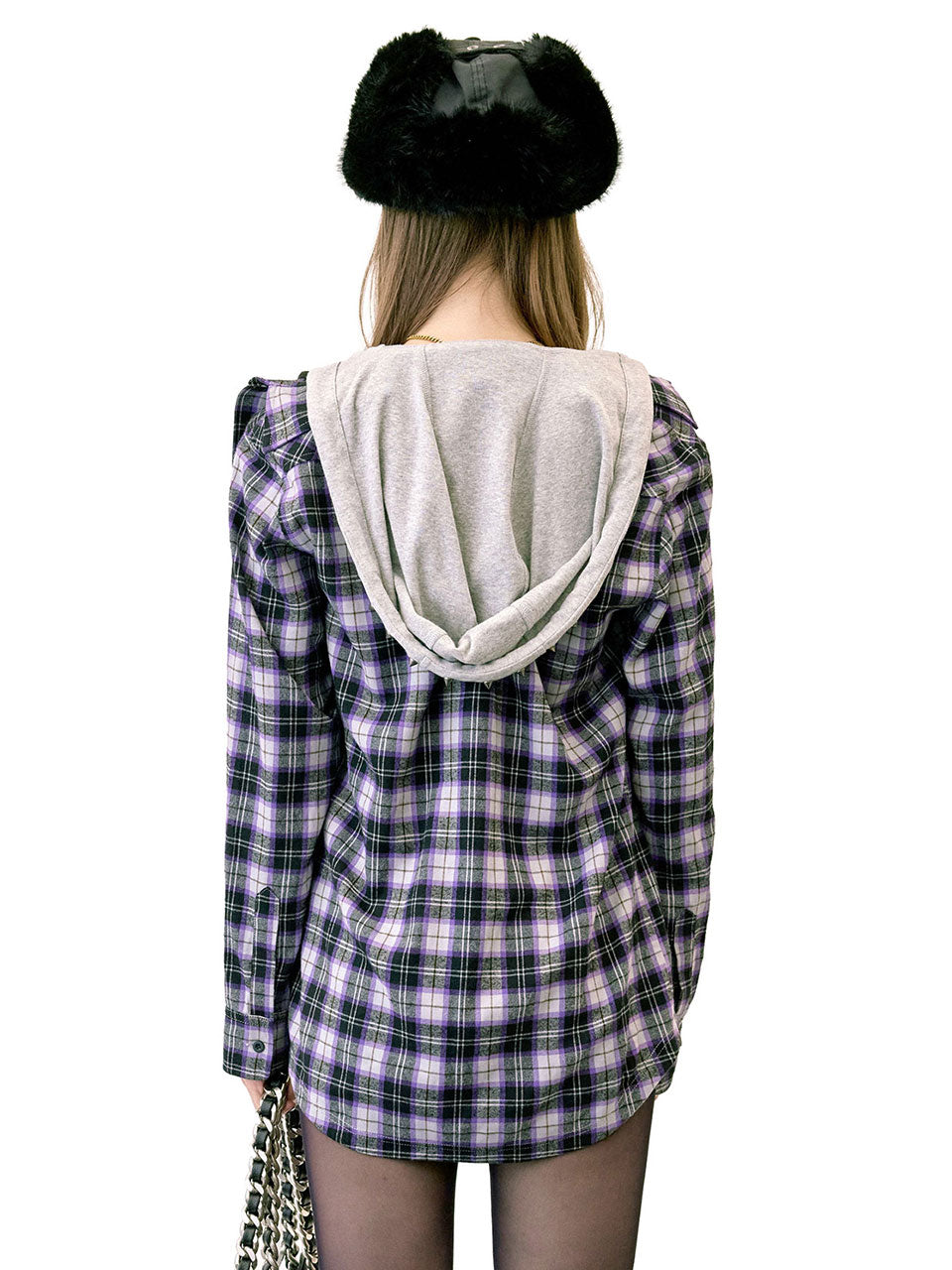 Boyfriend Hooded Shirts Purple Check