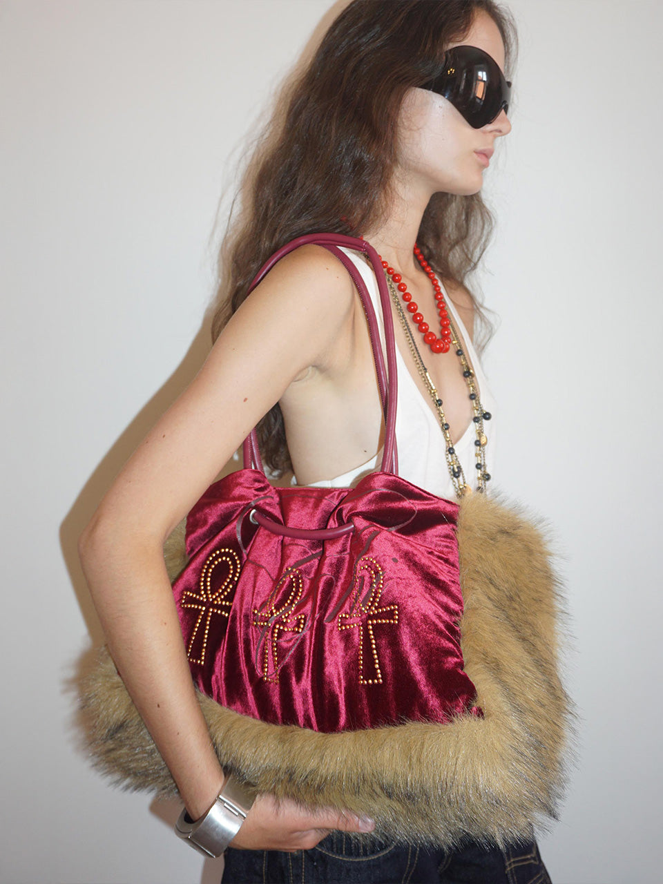 Fluffy Slouch Velvet Bag Burgundy