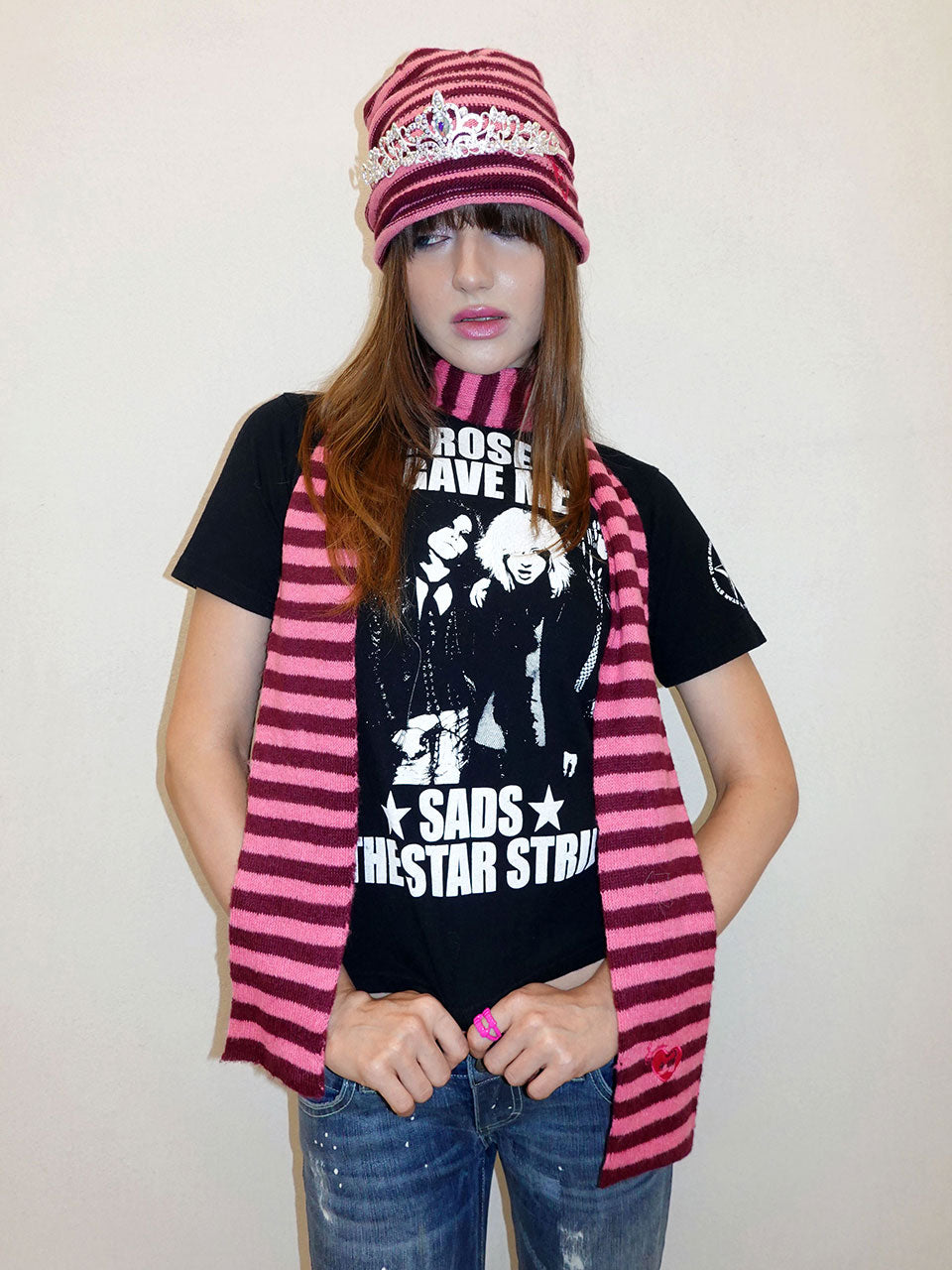 Cashmere Blend Stripe Beanie Pink/Red