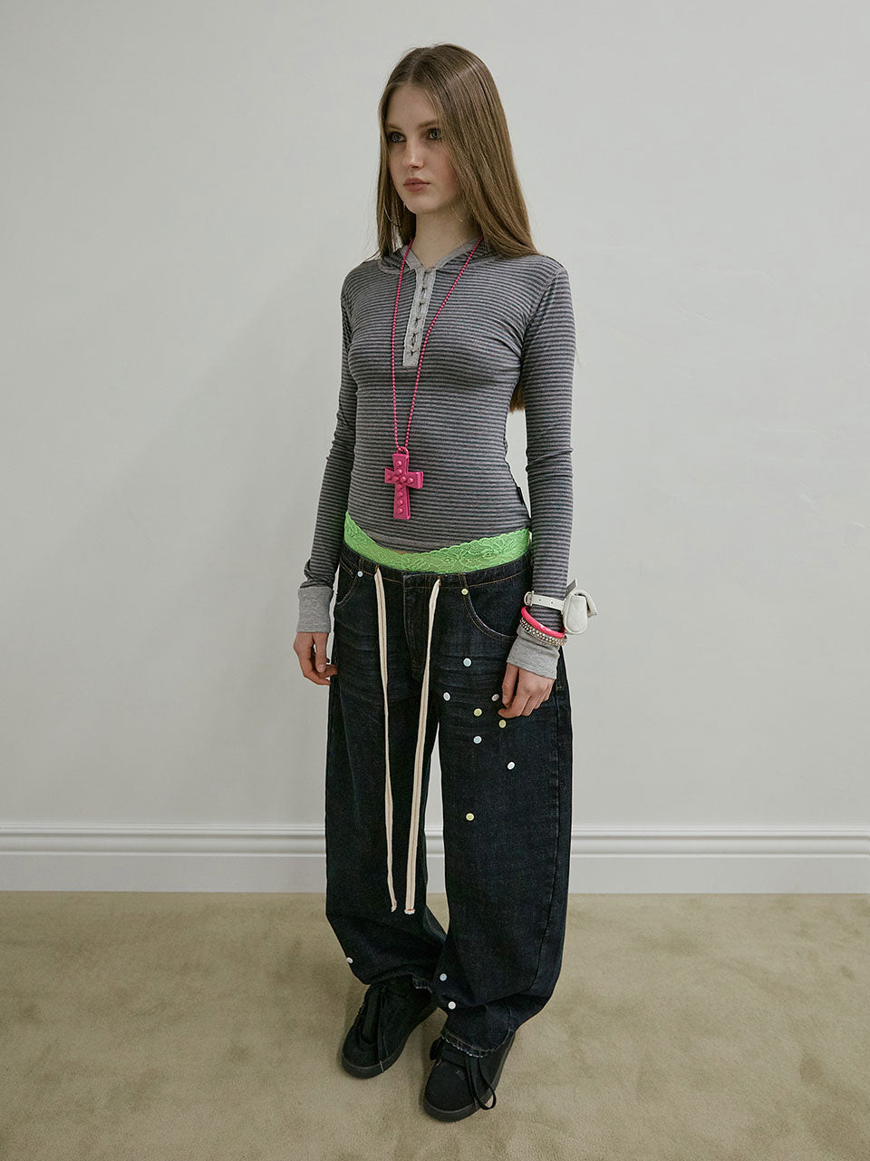 Striped Button Down Hoodie Charcoal