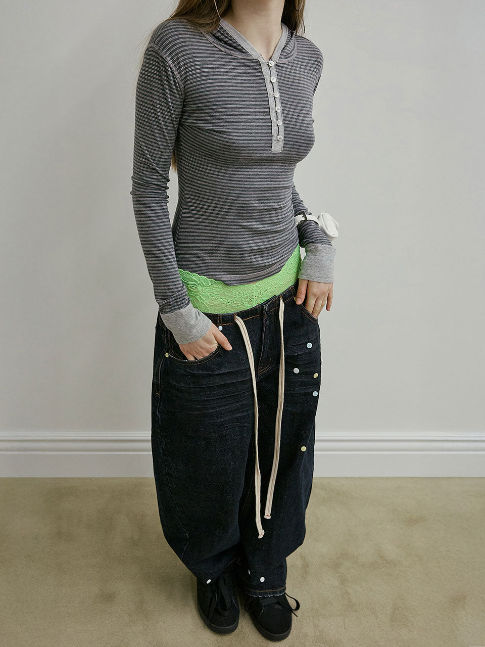 Striped Button Down Hoodie Charcoal