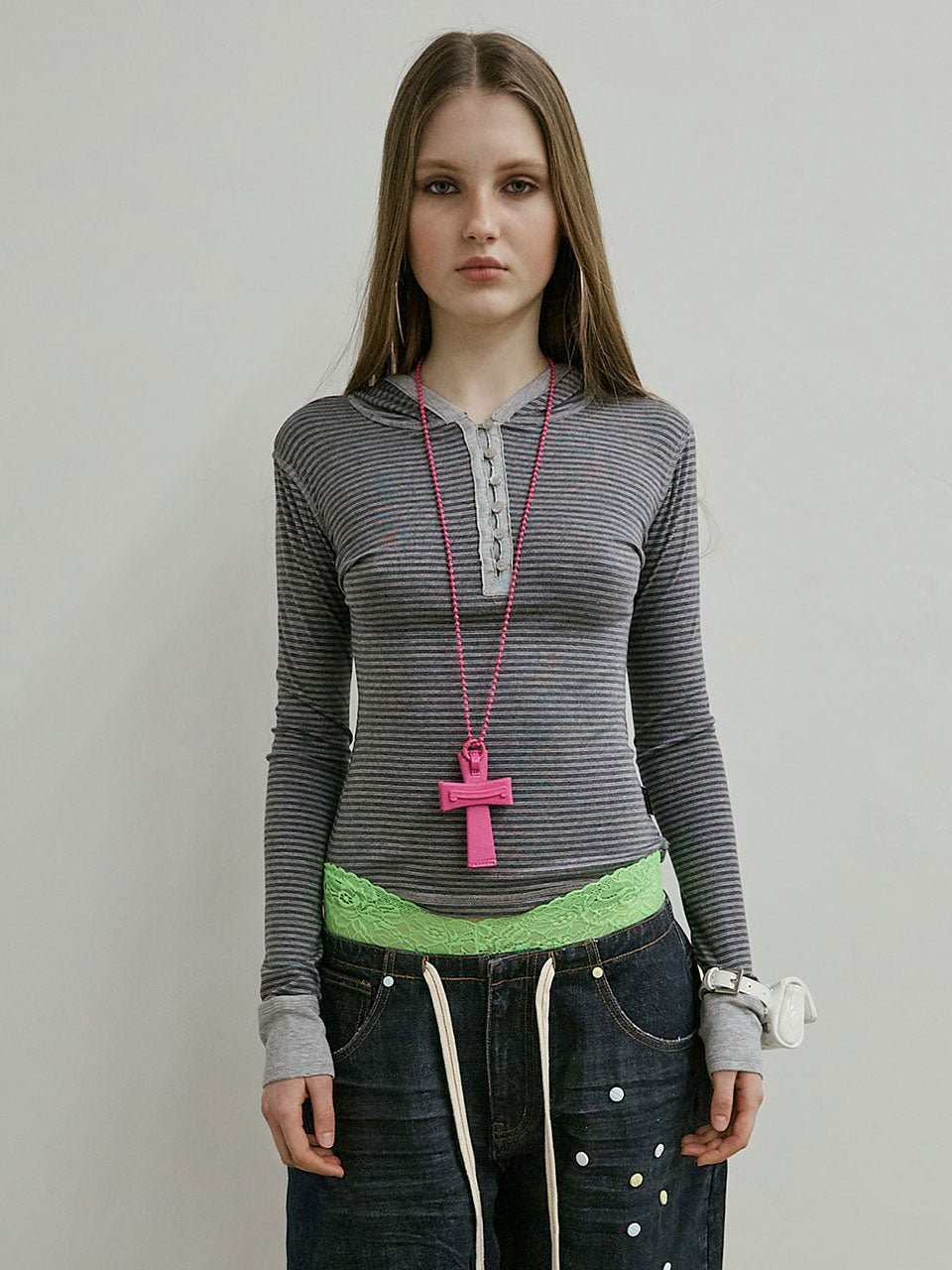 Striped Button Down Hoodie Charcoal