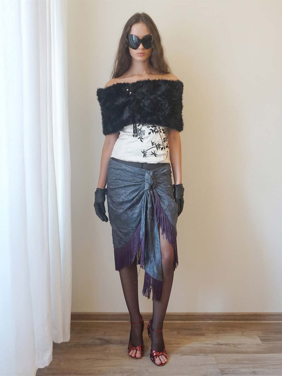 Fringe Tie Skirt Charcoal/Purple
