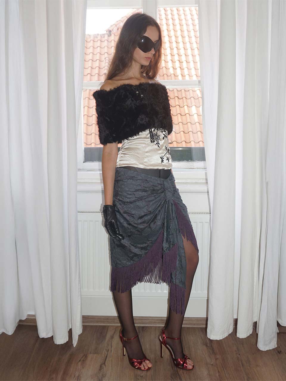 Fringe Tie Skirt Charcoal/Purple