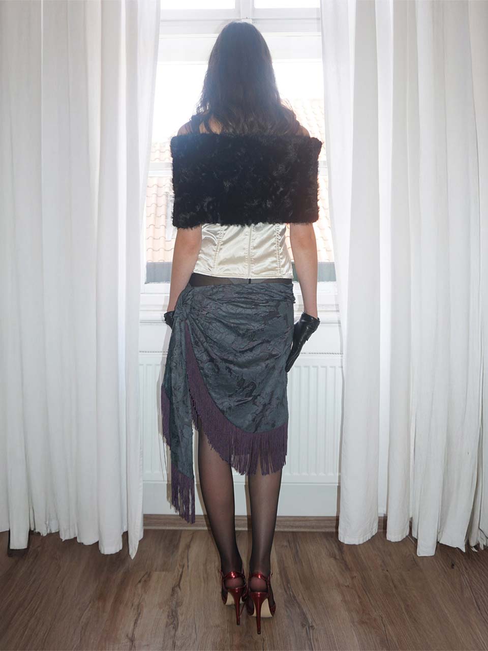 Fringe Tie Skirt Charcoal/Purple