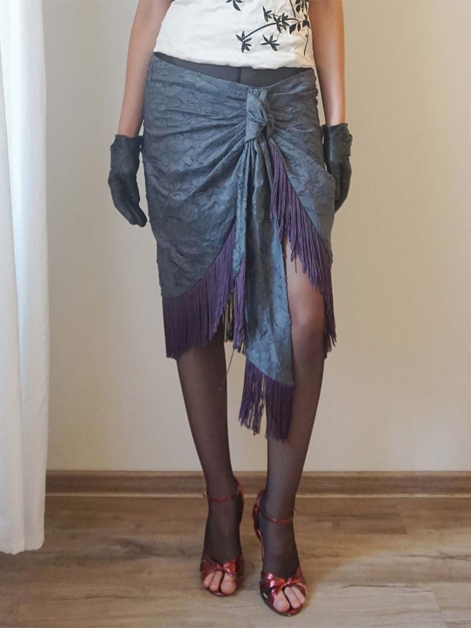 Fringe Tie Skirt Charcoal/Purple