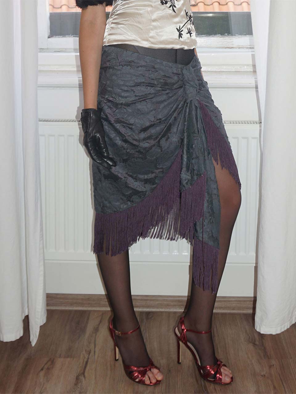 Fringe Tie Skirt Charcoal/Purple