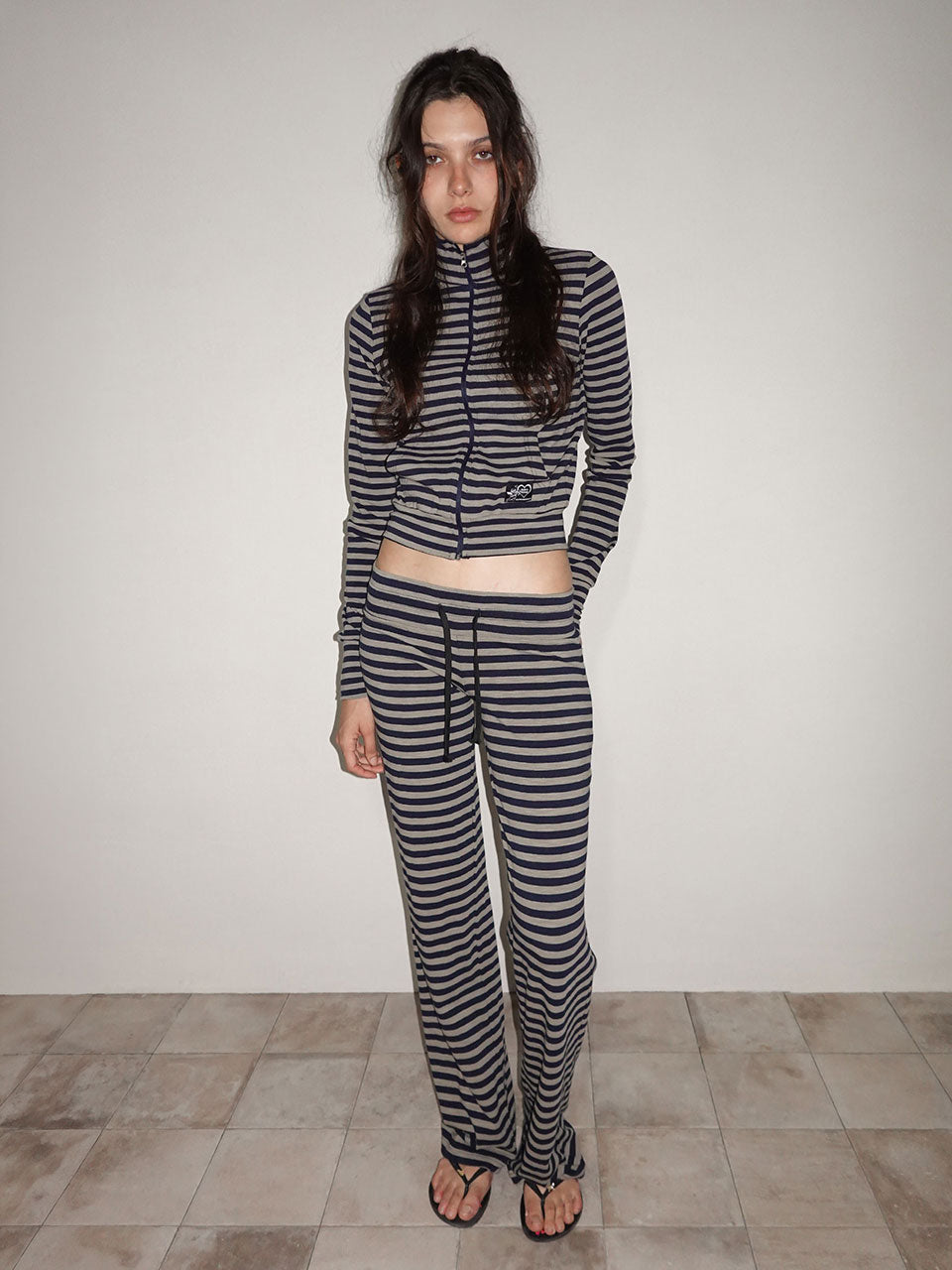 Classic Striped Jersey Zip-Up Navy