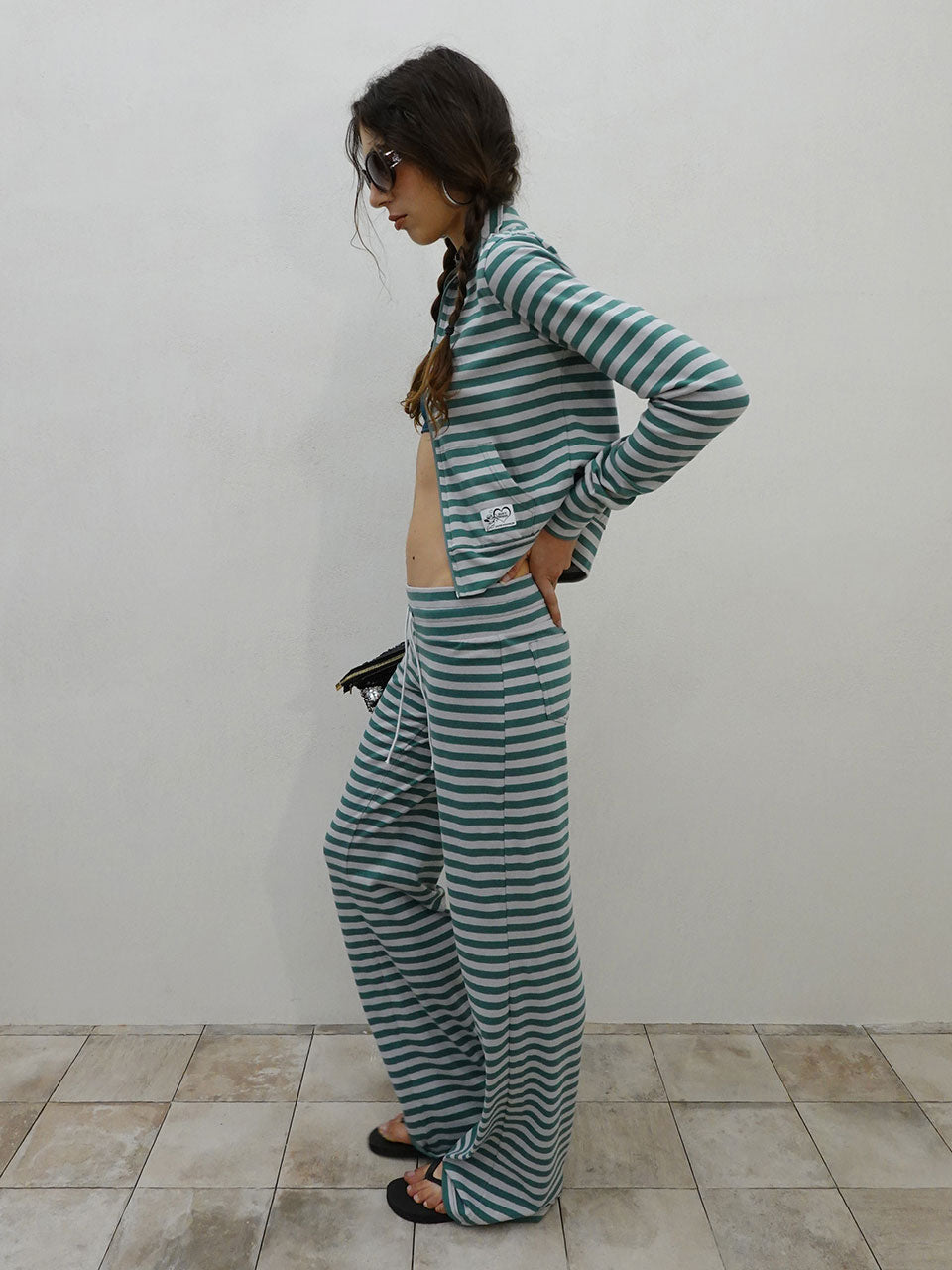 Classic Striped Jersey Zip-Up Teal