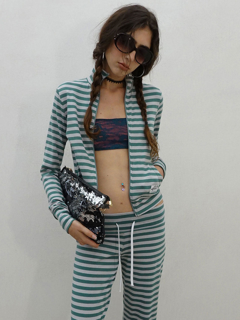 Classic Striped Jersey Zip-Up Teal
