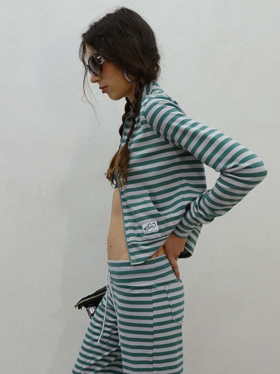 Classic Striped Jersey Zip-Up Teal