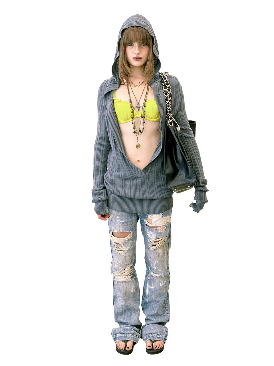 Deep V Cut Hooded Sweater Heather Charcoal