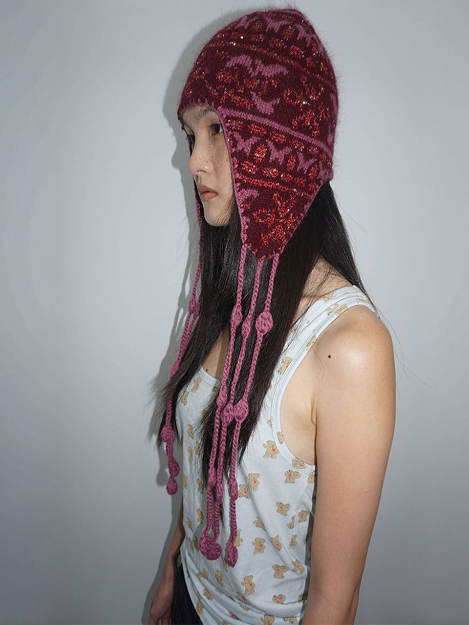 Sequin Nordic Earflap Beanie Deep Purple