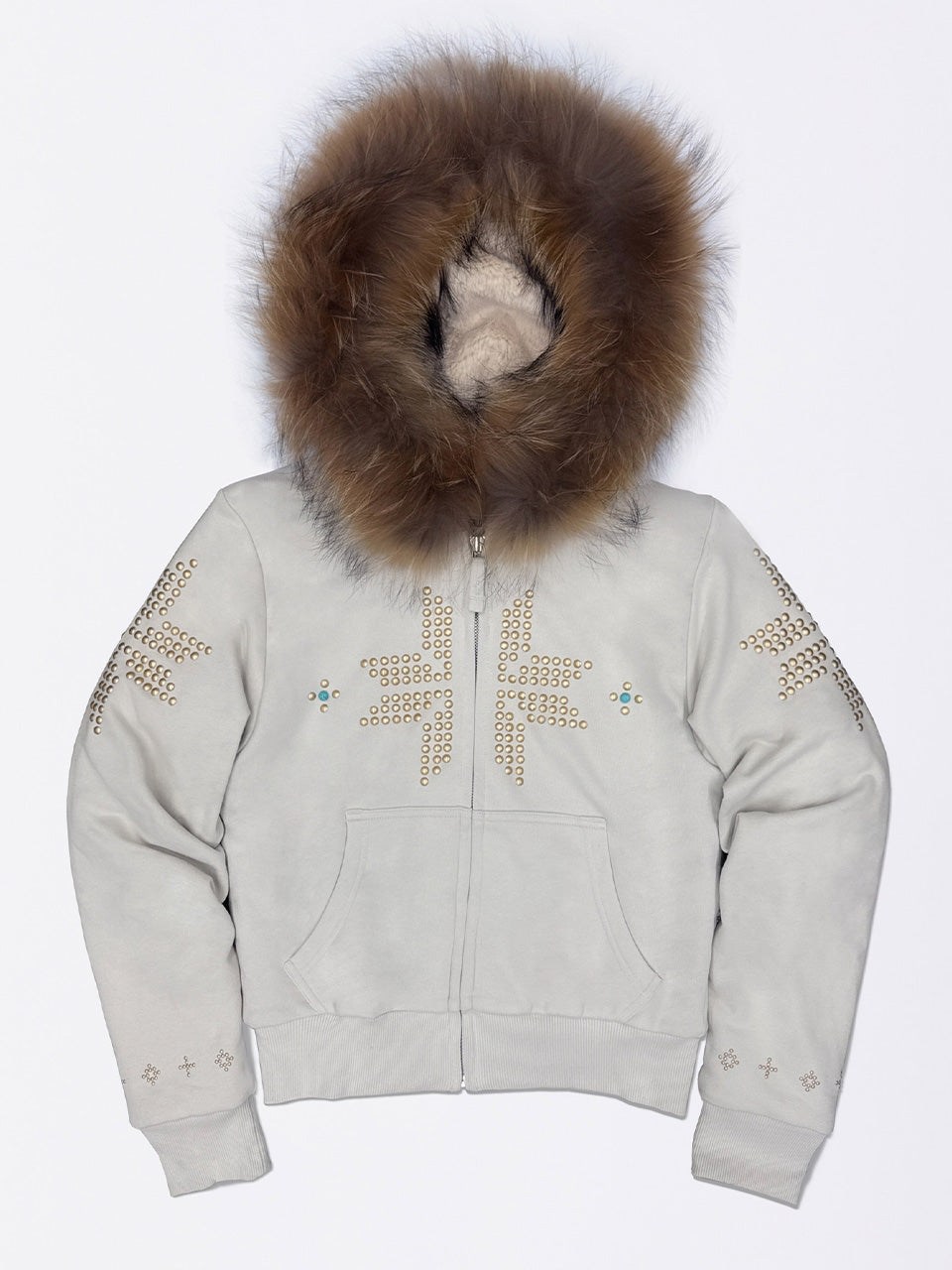 Fur Trimming Hooded Zip-Up Dirty White