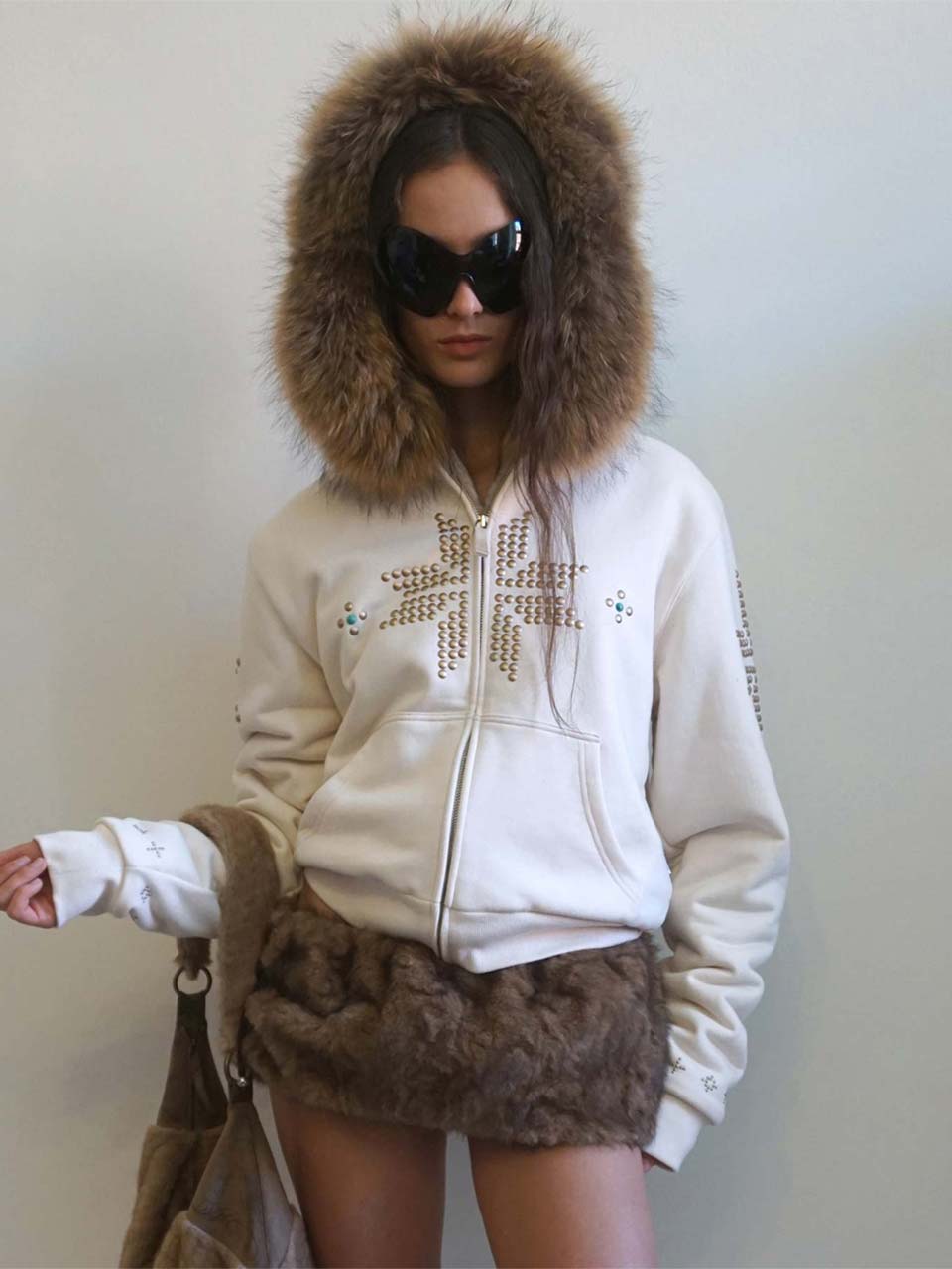 Fur Trimming Hooded Zip-Up Dirty White