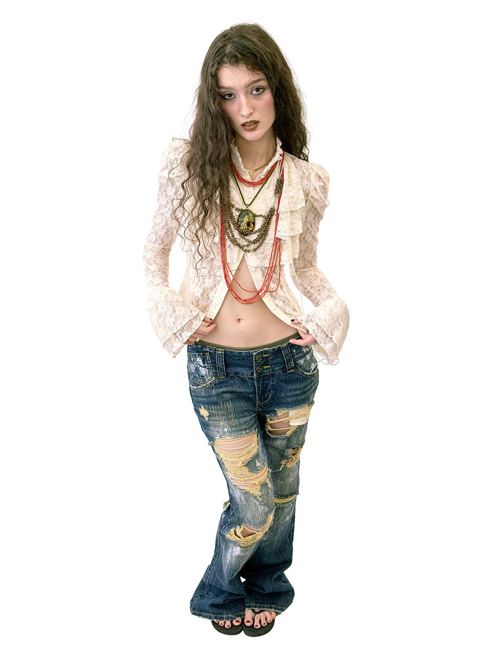 Distressed Bootcut Jeans Mid Blue