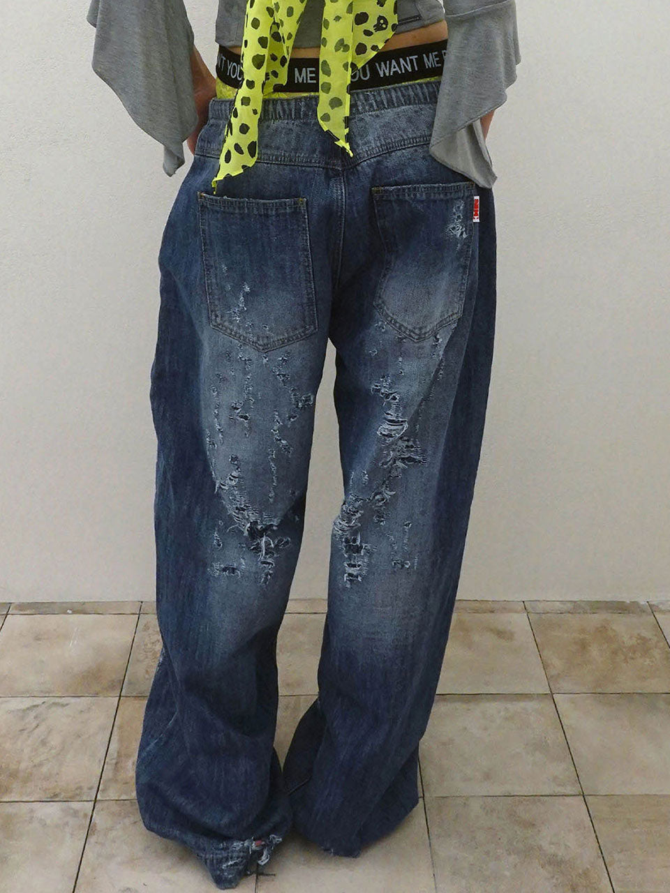 Distressed Layered Jeans Mid Blue