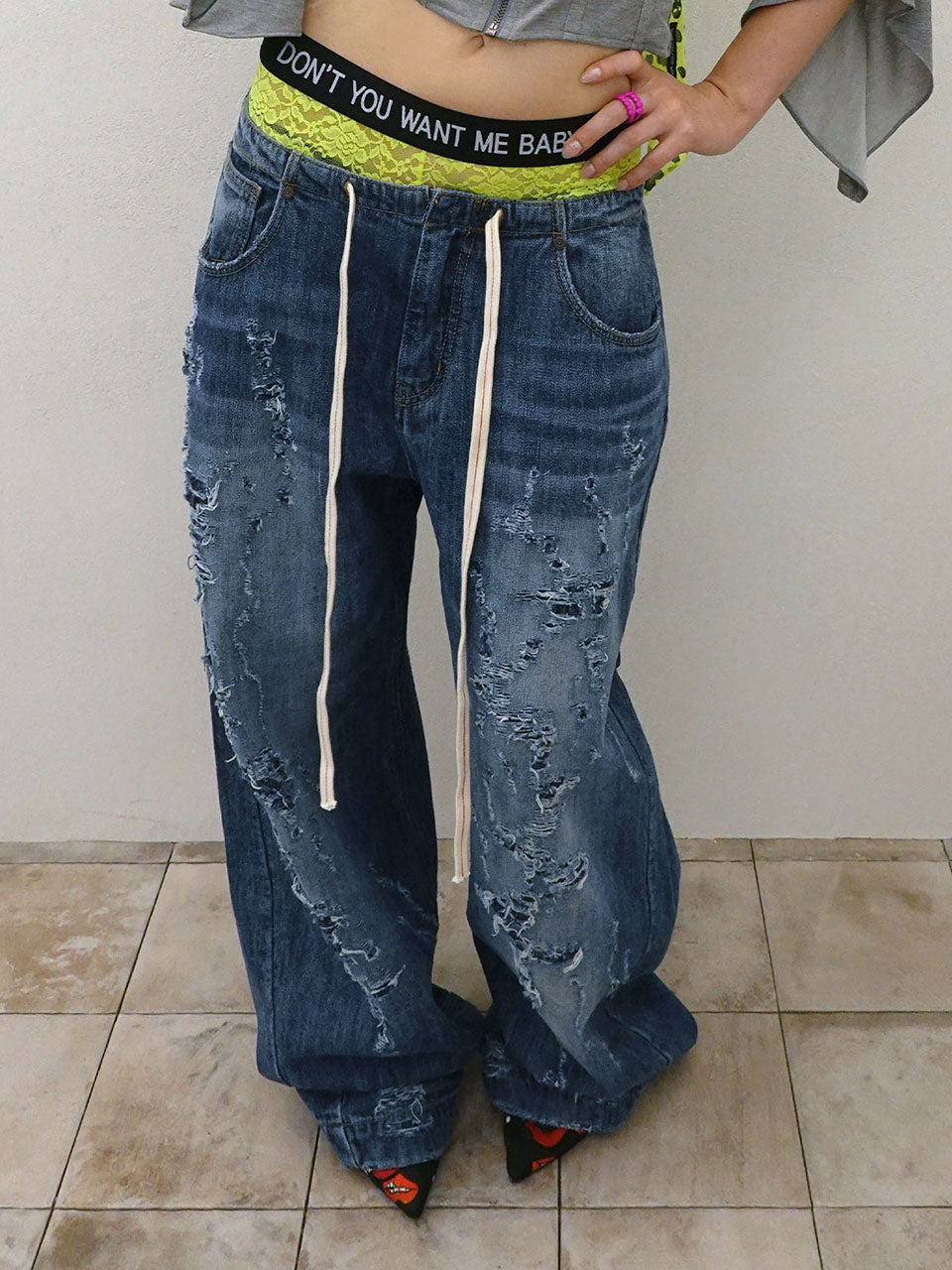 Distressed Layered Jeans Mid Blue