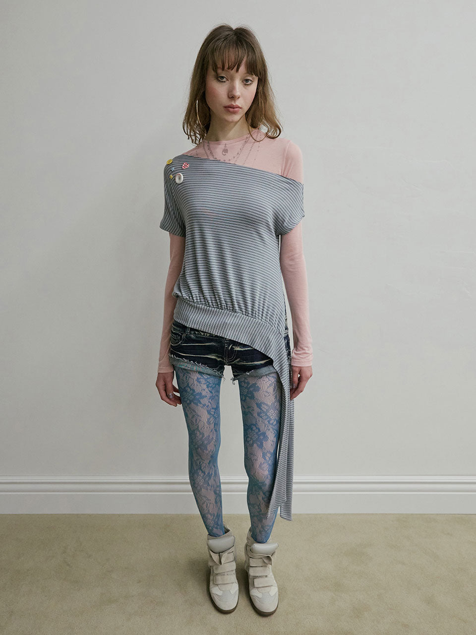 Off-Shoulder Button Tee Dusty Blue