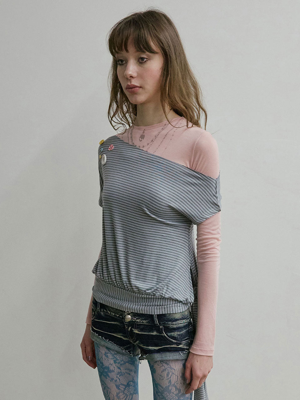 Off-Shoulder Button Tee Dusty Blue