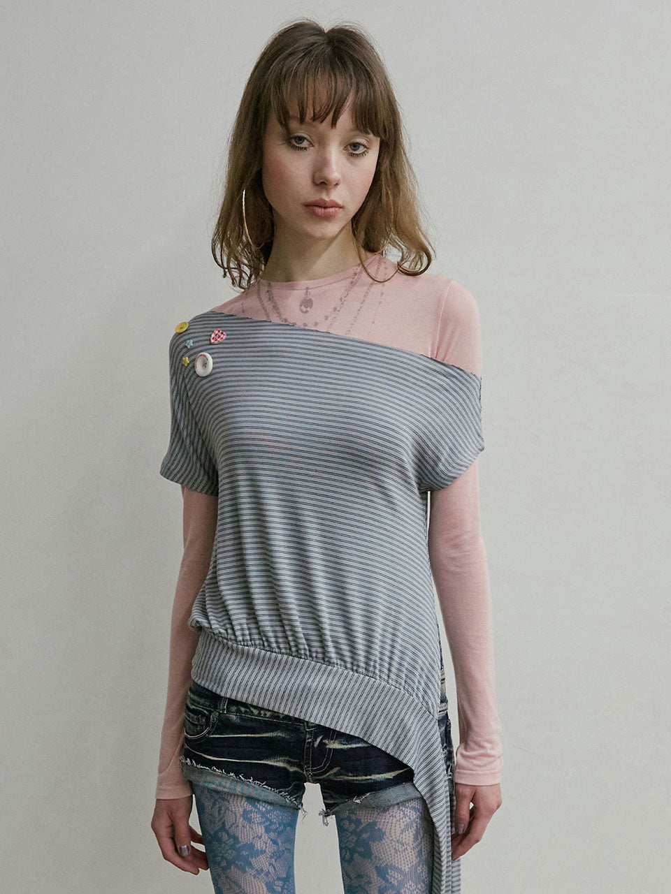 Off-Shoulder Button Tee Dusty Blue