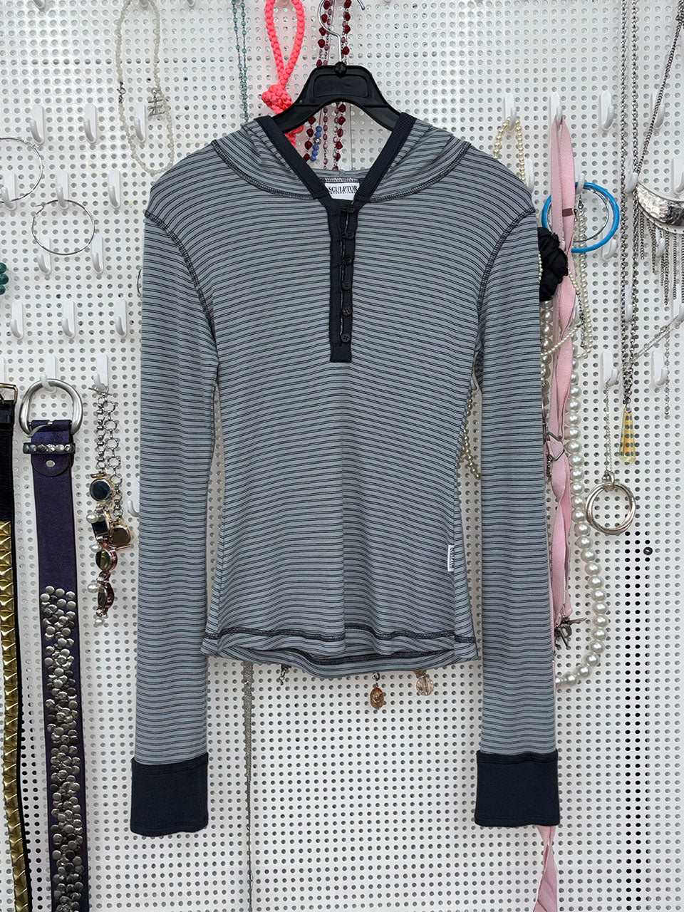 Striped Button Down Hoodie Dusty Blue